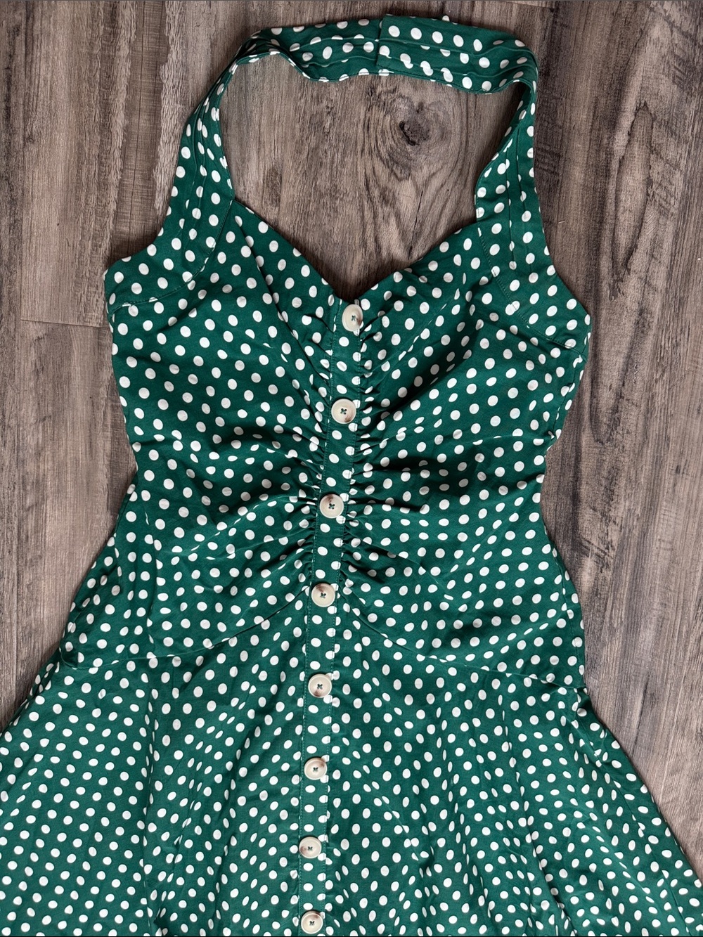 NWT Maeve Anthropologie Halter Ruched Midi Green Polka Dot Dress 6 Petite - Picture 3 of 6